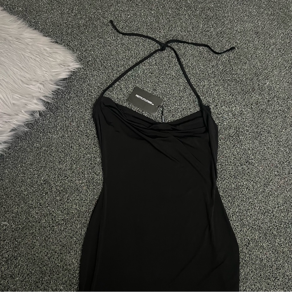 PRETTYLITTLETHING Black Slinky Halter-neck Cowl Neck Bodycon Mini Dress size 8 - Picture 11 of 16